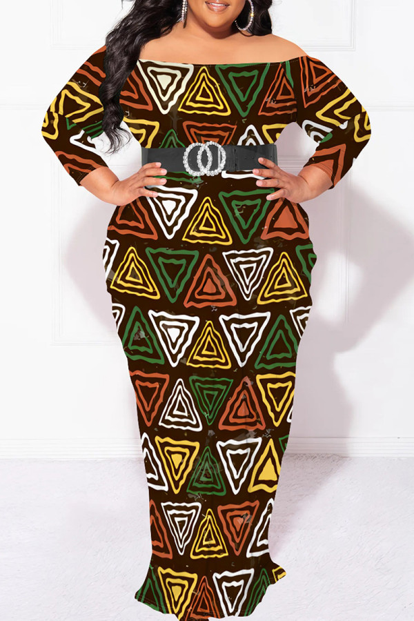 Multicolor Elegant Print Patchwork Backless Off Shoulder Printed Plus Size Dresses