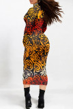 Gray White Street Elegant Geometric Print Flowers Contrast Half A Turtleneck Printed Dresses