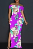 Yellow Casual Floral Print Slit Off Shoulder Long Dresses