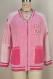 Pink Casual Digital Patchwork Zipper Collar Outerwear
