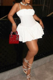 White Sexy Solid Color Patchwork Backless Ruched Spaghetti Strap Sling Dresses