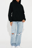 Black Casual Solid Color Draw String Pocket Patchwork Hooded Tops