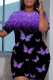Black Purple Casual Print Basic O Neck Short Sleeve Two Pieces