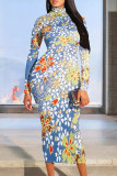 Gray White Street Elegant Geometric Print Flowers Contrast Half A Turtleneck Printed Dresses