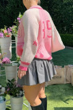 Pink Casual Digital Patchwork Zipper Collar Outerwear