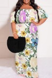White Casual Floral Print Patchwork Backless Off Shoulder Long Plus Size Dresses