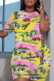 Yellow Pink Casual Print Basic O Neck Short Sleeve Two Pieces