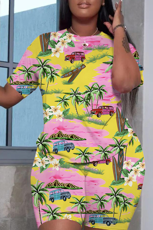 Yellow Pink Casual Print Basic O Neck Short Sleeve Two Pieces