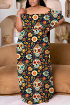 Dark Brown Casual Print Patchwork Off Shoulder Long Plus Size Dresses