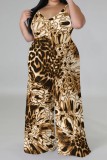 Brown Casual Print Backless V Neck Plus Size Jumpsuits (With Headscarf)