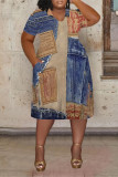 Dark Blue Casual Street Faux Denim Print Pocket Contrast V Neck Printed Plus Size Dresses