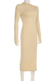 Skin Color Elegant Solid Color Patchwork Slit Oblique Collar Long Dresses