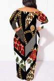 Black Sexy Floral Print Leopard Contrast Off Shoulder Printed Plus Size Dresses(No Belt)