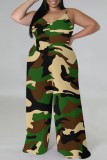 Brown Casual Print Backless V Neck Plus Size Jumpsuits (With Headscarf)