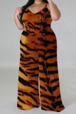 Brown Casual Print Backless V Neck Plus Size Jumpsuits (With Headscarf)