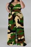Brown Casual Print Backless V Neck Plus Size Jumpsuits (With Headscarf)
