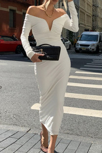 White Sexy Solid Color Patchwork Backless Ruched Deep V Neck Wrapped Skirt Dresses
