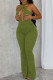 Green Casual Solid Color Hollow Out Patchwork Halter Regular Jumpsuits