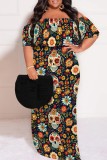 Blue Casual Print Patchwork Off Shoulder Long Plus Size Dresses