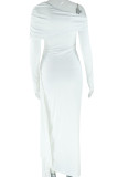 White Elegant Solid Color Patchwork Oblique Collar Long Dresses