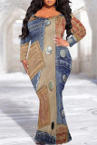 Multicolor Sexy Faux Denim Print Contrast V Neck Fishtail Plus Size Dresses