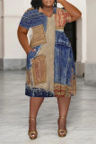 Dark Blue Casual Street Faux Denim Print Pocket Contrast V Neck Printed Plus Size Dresses