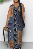 Baby Blue Sexy Faux Denim Print Pocket Contrast V Neck Printed Dresses