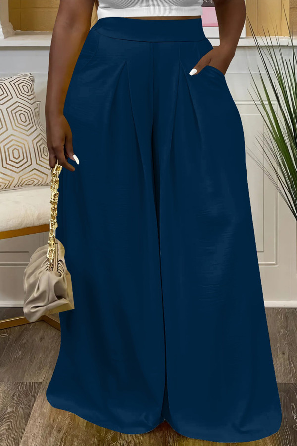 Navy Blue Casual Street Daily Solid Color Pocket Loose High Waist Wide Leg Solid Color Bottoms