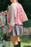 Pink Casual Digital Patchwork Zipper Collar Outerwear