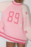 Pink Casual Digital Patchwork Zipper Collar Outerwear