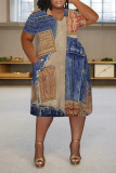 Dark Blue Casual Street Faux Denim Print Pocket Contrast V Neck Printed Plus Size Dresses