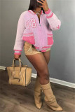 Pink Casual Digital Patchwork Zipper Collar Outerwear
