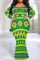 Green Elegant Print Patchwork O Neck Long Plus Size Dresses