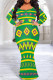 Green Elegant Print Patchwork O Neck Long Plus Size Dresses