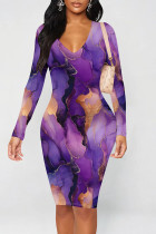 Purple Elegant Print Patchwork V Neck Wrapped Skirt Dresses