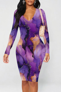 Purple Elegant Print Patchwork V Neck Wrapped Skirt Dresses