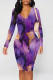 Purple Elegant Print Patchwork V Neck Wrapped Skirt Dresses