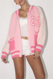 Pink Casual Digital Patchwork Zipper Collar Outerwear