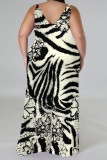 Brown Casual Print Backless V Neck Plus Size Jumpsuits (With Headscarf)