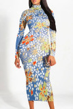Gray White Street Elegant Geometric Print Flowers Contrast Half A Turtleneck Printed Dresses