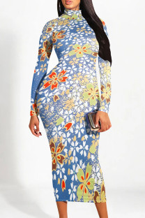 Blue Street Elegant Geometric Print Flowers Contrast Half A Turtleneck Printed Dresses