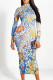 Blue Street Elegant Geometric Print Flowers Contrast Half A Turtleneck Printed Dresses
