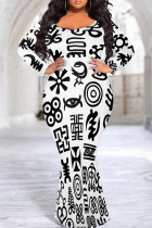 Black And White Elegant Print Patchwork O Neck Long Plus Size Dresses