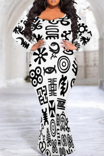 Black And White Elegant Print Patchwork O Neck Long Plus Size Dresses