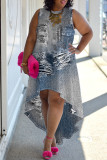 Multicolor Casual Faux Denim Print Irregular O Neck Sleeveless Plus Size Dresses