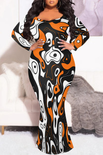 Black And White Sexy Street Leopard Print Gradient Contrast V Neck Fishtail Plus Size Dresses