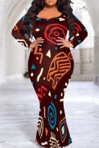 Multicolor Elegant Print Patchwork O Neck Long Plus Size Dresses