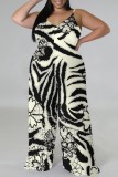 Brown Casual Print Backless V Neck Plus Size Jumpsuits (With Headscarf)
