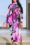 Gray White Street Elegant Geometric Print Flowers Contrast Half A Turtleneck Printed Dresses