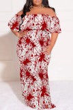 Blue Casual Print Patchwork Off Shoulder Long Plus Size Dresses